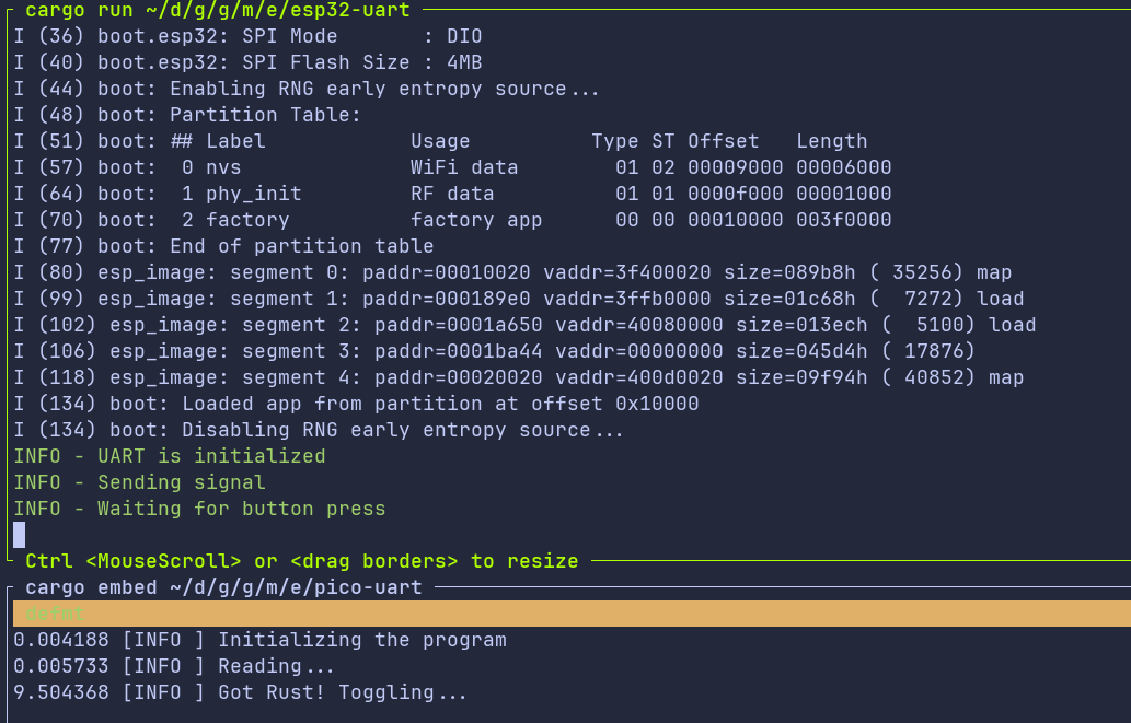 ESP32 and Raspberry Pi Pico with Embedded Rust and UART